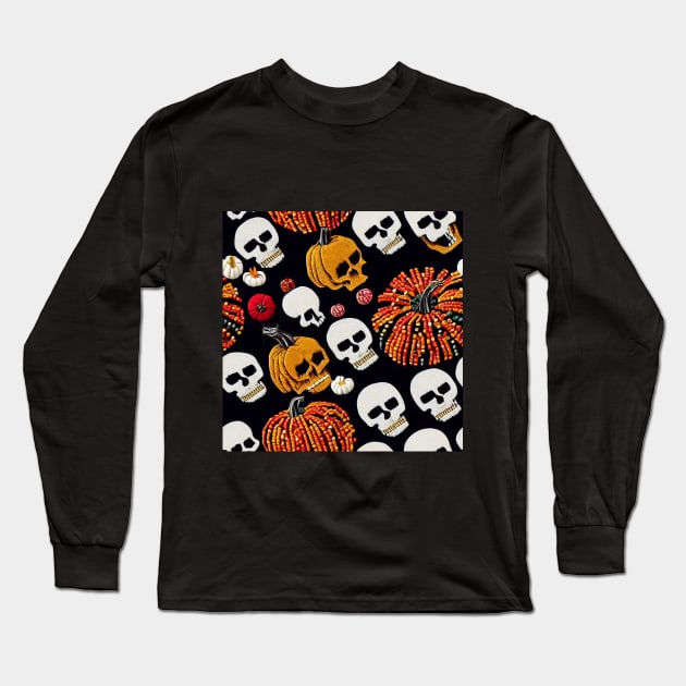 Embroidery stitch pumpkins and skulls in Mexican style with beads and fur pattern Long Sleeve T-Shirt by MashaVed